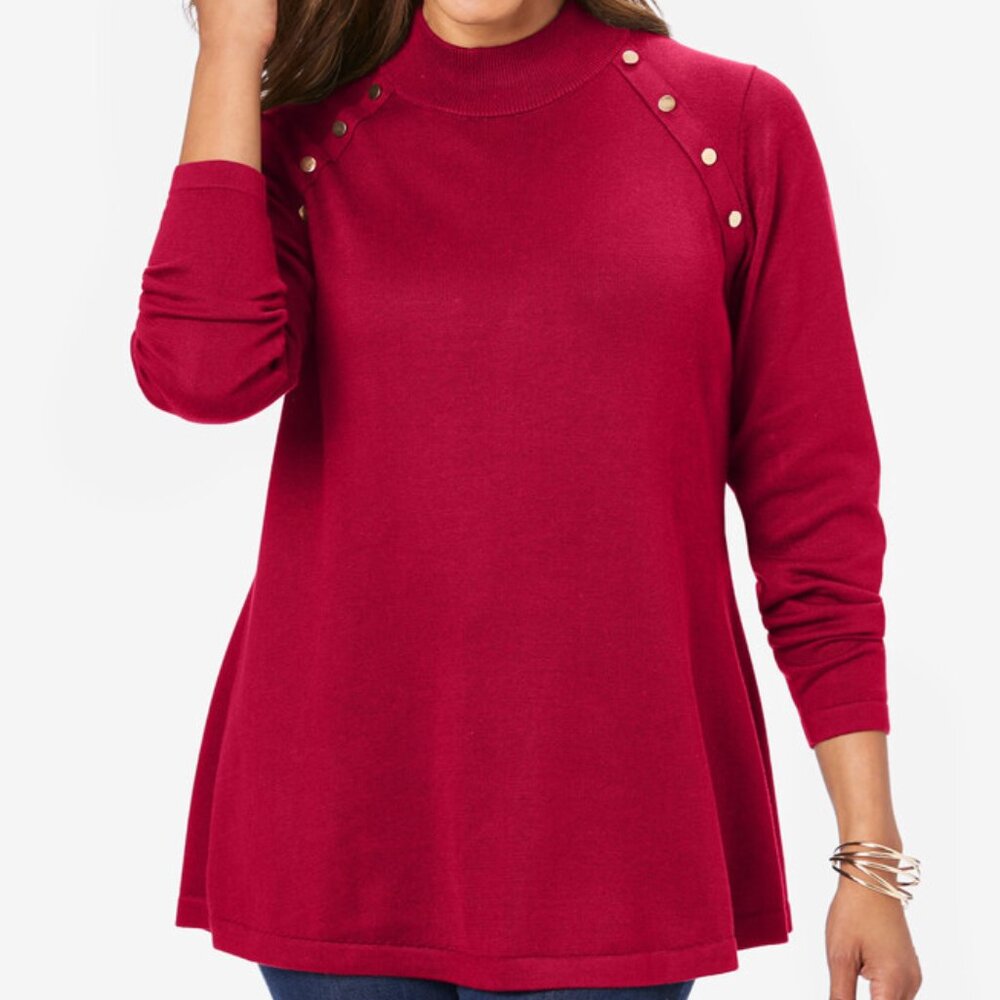 New Jessica London Red Knit Mockneck Gold Button Detail Sweater 22/24 - Picture 2 of 16
